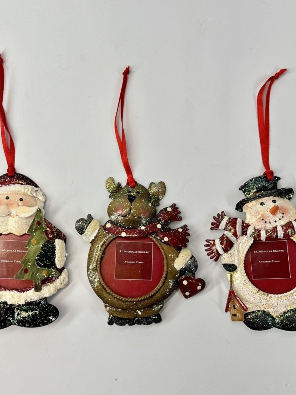 Christmas Ornaments Picture Frames Set of 3 Santa Snowman Reindeer Metal Glitter